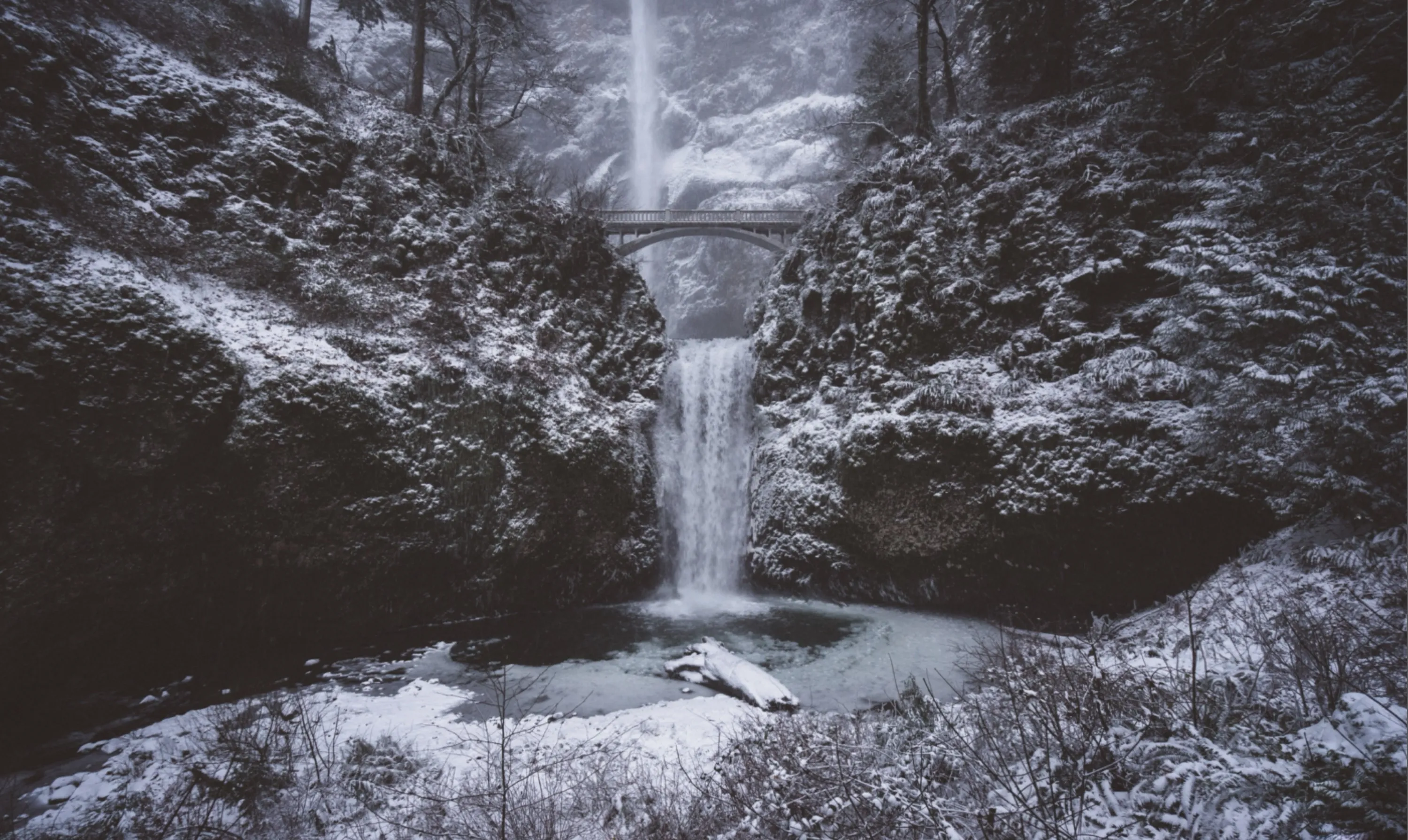 Waterfall and Bridge in Winter