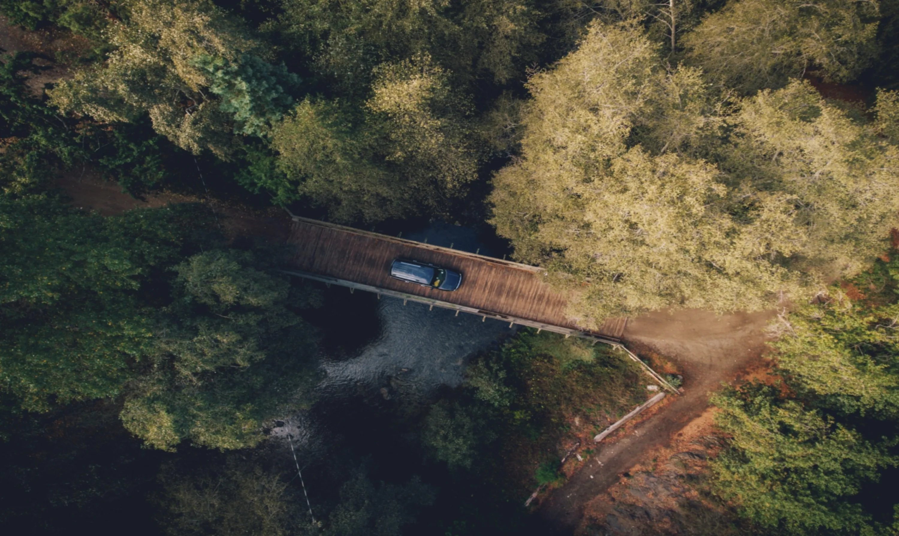 Aerial View of Bridge Over Forest Stream