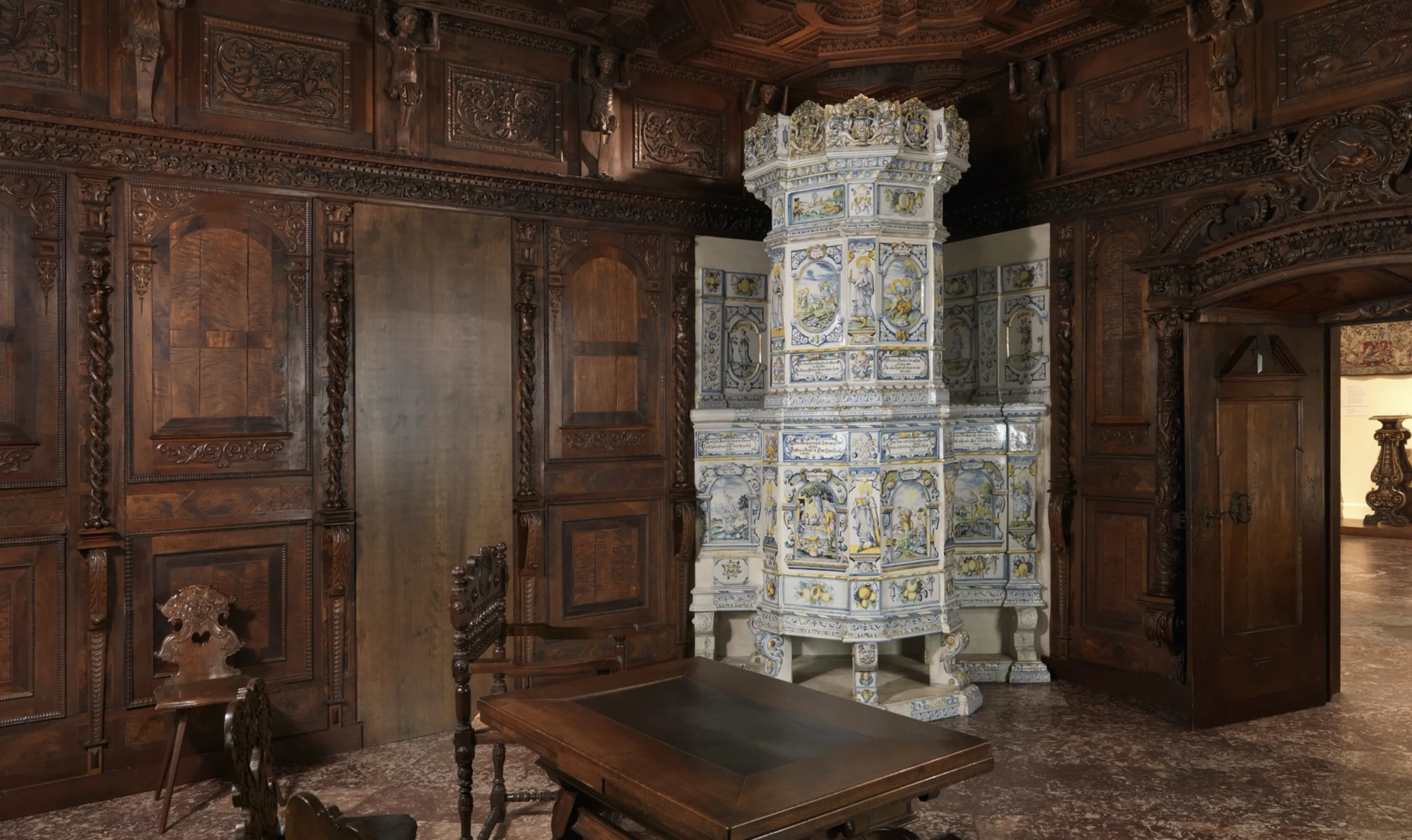 Ceramic Stove in Paneled Room